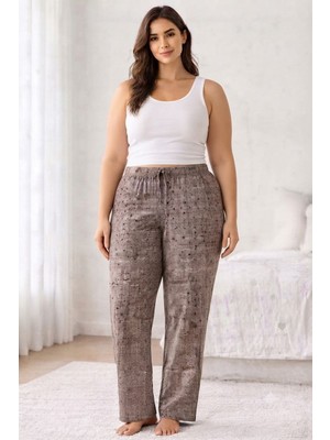 Marsilyan Viskon Pamuklu Kadın Büyük Beden Gri Desenli Pijama Pantolon - MGB011 - Mudanis