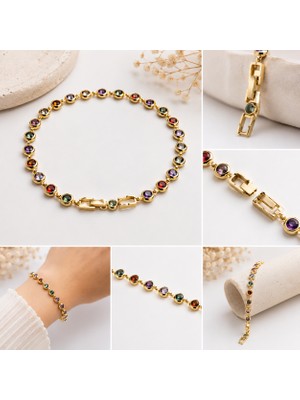 ELF Shopping Çelik Su Yolu Bileklik – Renkli Zirkon Taşlı – Gold Renk – Kadın Bileklik