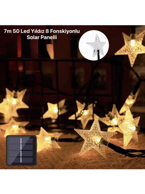Marsilyan 7m 50 LED Yıldız 8 Fonksiyonlu Solar Panelli-Gün Işığı
