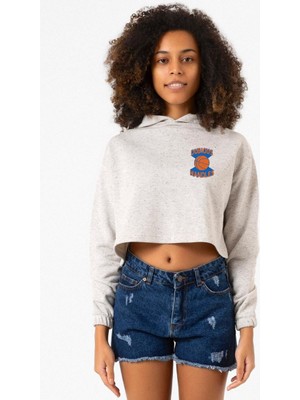 Tshirthane Dubious Handles Logo Beyaz Kırçıllı Kadın Crop Kapşonlu