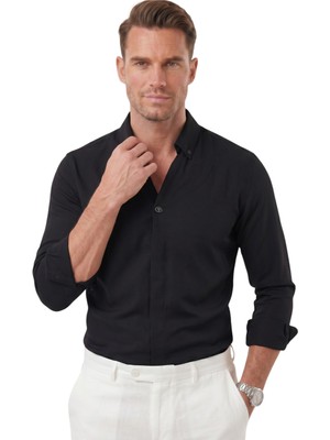 Deepsea Siyah Slim Fit Kolay Ütülenebilir Açık Dik Yaka Likralı Erkek Gömlek 2602615