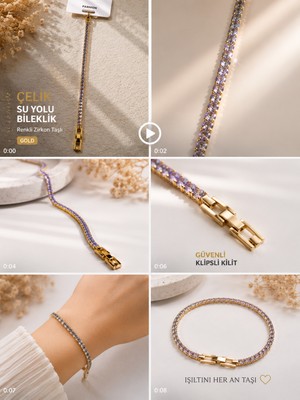 ELF Shopping Çelik Su Yolu Bileklik Mor Zirkon Taşlı Gold Renk Kadın Bileklik