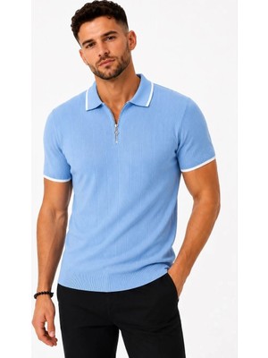 Alfanora Erkek Fitilli Triko T-Shirt Polo Yaka Yarım Fermuarlı Kısa Kollu Tişört - Açık Mavi