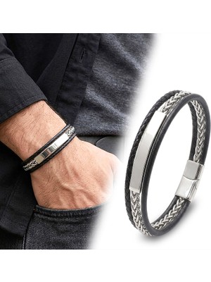 Fm 💎 Premium Özel İsim Yazılabilir Orijinal Deri 316L Çelik Zincir Erkek Bileklik 31836B2D1 (21 cm)