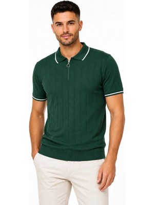 Alfanora Erkek Fitilli Triko T-Shirt Polo Yaka Yarım Fermuarlı Kısa Kollu Tişört - Yeşil