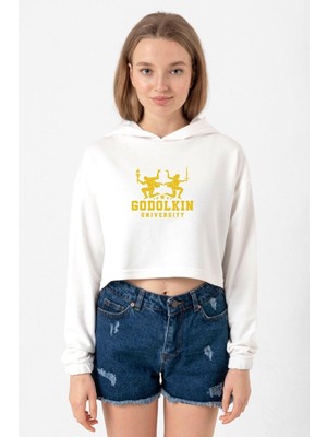 Tshirthane Gen V Godolkin University Logo Ekru Kadın Crop Kapşonlu