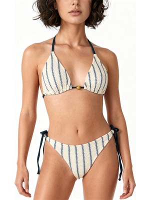 Aquella Triko Mavi Çizgili Üçgen Bikini Takım