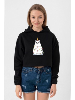 Tshirthane Grumpy Christmas Siyah Kadın Crop Kapşonlu