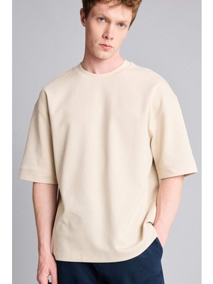 DeFacto Loose Fit Bisiklet Yaka Kısa Kollu Ağır Kumaş Basic Bej Tişört B4844AX26AU