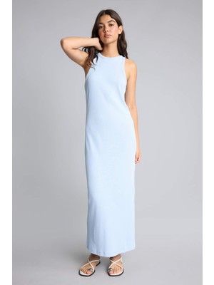 DeFacto Bodycon Vücudu Saran Halter Yaka Ribana Kolsuz Açık Mavi Maxi Elbise H7119AX26SM