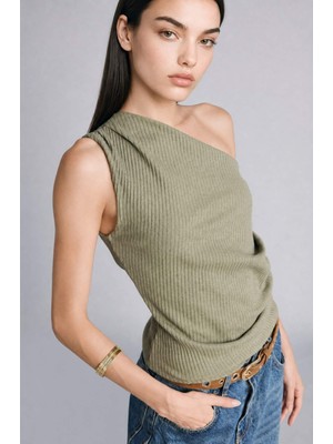 DeFacto Slim Fit Tek Omuzlu Fitilli Açık Haki Bluz H2989AX26SM