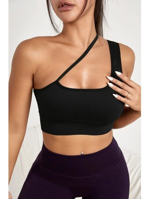 Kapsulavm Kadın Siyah Tek Omuzlu Çapraz Askılı Crop Top Büstiyer
