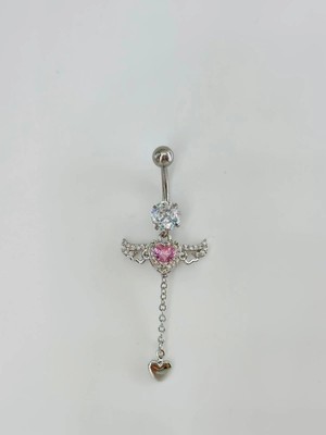 Belirtilmemiş Melek Kanatlı Pembe Taşlı Sallantılı Göbek Piercing - PG0124