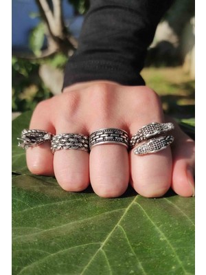 The Collection Unisex 4'lü Ayarlanabilir Gümüş Kaplama Yüzük Set Pirinç Malzeme ile Şık Tasarım