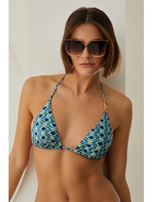 Loya Mavi Azure Bağlamalı Zincir Detaylı Üçgen Tek Üst Bikini