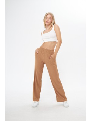 Camel Beli Lastikli Bol Paça Çift Cepli Yüksek Bel Bürümcük Örme Kadın Pantolon