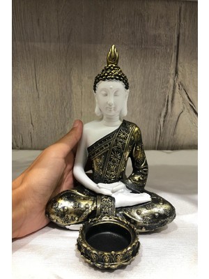 Miamantra Pirinç Görünümlü Beyaz Buda Tealight Mumluk - Meditasyon Duruşlu - 15cm