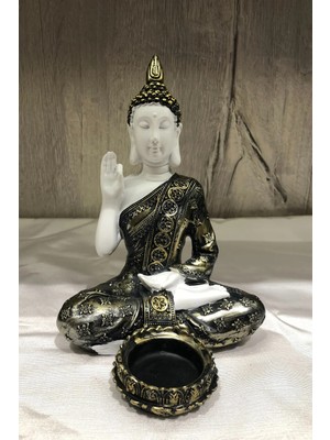 Miamantra Pirinç Görünümlü Beyaz Buda Tealight Mumluk - Öğretici Duruşlu - 15 cm