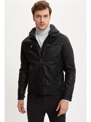 DeFacto Slim Fit Kapüşonlu İçi Yumuşak Tüylü Suni Deri Mont N9693AZ20WN