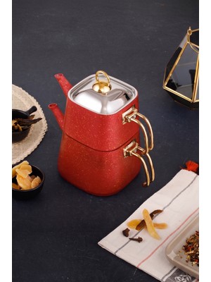 EVREN MUTFAK Gold Stone Kare Çaydanlık Takımı Orta Boy (1,25+2,25 Lt)