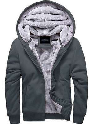 Madmext Erkek Füme Polar Hırka – İçi Kürklü, Kapüşonlu, Sıcak Tutan, Düz Desenli Rahat Tek Parça