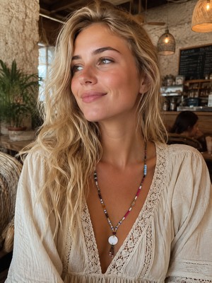 Vintage Takı Bohem Sedef Uçlu Renkli Boncuklu Plaj Stili Kolye & El Yapımı Handmade Etnik Otantik Boncuklu Uzun Kolye