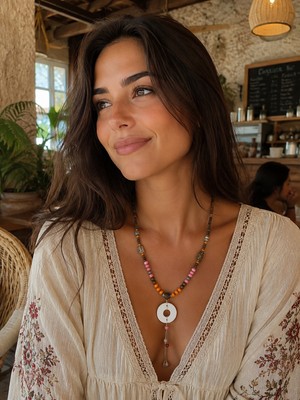 Vintage Takı Bohem Sedef Halkalı Renkli Boncuklu Bali Stili Kolye & El Yapımı Handmade Etnik Otantik Boncuklu Uzun Kolye