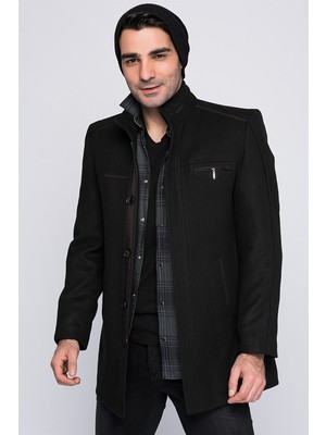 Dewberry Plt8369 Uzun Kol Palto Yün Polyester 2XL Erkek Midi Siyah Düz Desenli