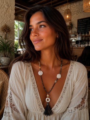 Vintage Takı Bohem Sedef Çiçek ve Püskül Detaylı Boncuklu Kolye & Datça Stili Mistik Otantik Handmade Kolye