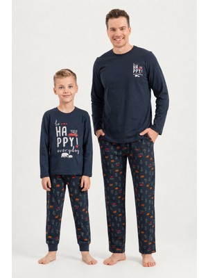 Rolypoly Be Happy Everyday Baba Oğul Lacivert Uzun Kol Pijama Takım RP3933-A-V1 RP3933-A-V1