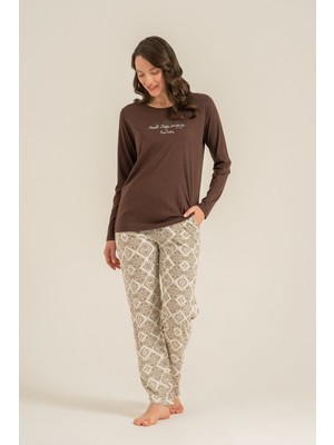Pierre Cardin Kadın Make Today Amazing Kahverengi Uzun Kol Pijama Takım PC9274-S-V1 PC9274-S-V1