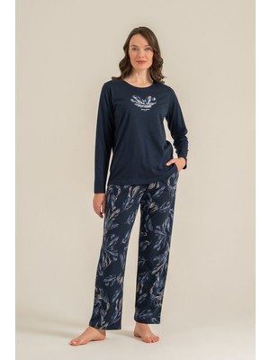Pierre Cardin Kadın You Look Amazing Today Lacivert Uzun Kol Pijama Takım PC9257-S-V1 PC9257-S-V1