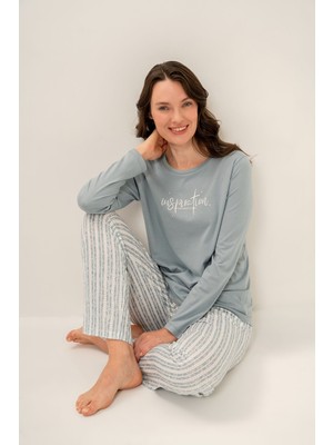Arnetta Kadın Dream Create Love Yeşil Uzun Kol Pijama Takım AR3778-S-V1 AR3778-S-V1