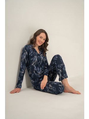 Pierre Cardin Kadın Leaves Lacivert Gömlek Pijama Takımı PC9259-S-V1 PC9259-S-V1