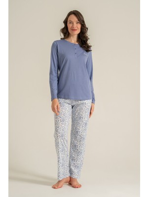 Pierre Cardin Kadın Mavi Düğmeli Yaka Uzun Kol Pijama Takım PC9270-S-V1 PC9270-S-V1