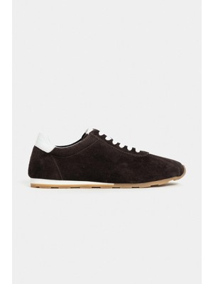 Nişantaşı Shoes Ladin Bitter Kahve Süet Deri Düz Taban Bağcıklı Kadın Spor Ayakkabı
