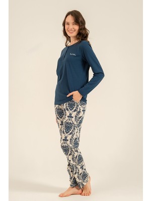 Pierre Cardin Kadın Lacivert Düğmeli Yaka Uzun Kol Pijama Takım PC9285-S-V1 PC9285-S-V1