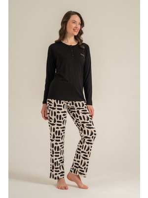 Pierre Cardin Kadın Siyah Nakışlı Uzun Kol Pijama Takım PC9300-S-V1 PC9300-S-V1