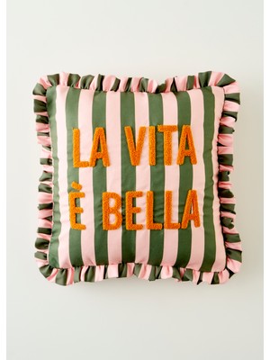 Bella Maison %100 Pamuk Yeşil Fırfırlı Kırlent Kılıfı 43x43 cm Line Punch Desenli Şık Tasarım