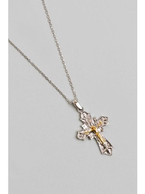 So CHIC Antik 18 Ayar Beyaz Altın Kaplama 45 Cm Gümüş Cross Kolye