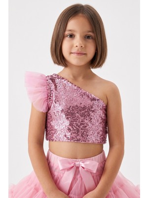 Le Mabelle Pembe  Pullu Tek Omuzlu Kolu Tül Detaylı Kız Çocuk Crop Bluz - Bianca