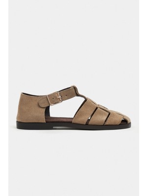 Nişantaşı Shoes Marcel Rome Bej Süet Deri Toka Detay Düz Taban Kadın Sandalet
