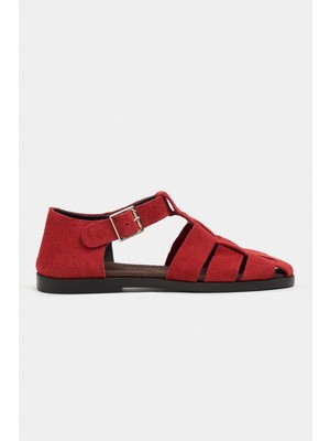 Nişantaşı Shoes Marcel Kırmızı Süet Deri Toka Detay Düz Taban Kadın Sandalet