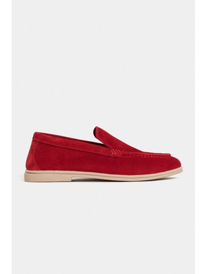 Nişantaşı Shoes Nada Kırmızı Hakiki Süet Düz Taban Kadın Loafer