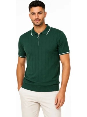 Uslucan Alışveriş Erkek Fitilli Triko T-Shirt Polo Yaka Yarım Fermuarlı Kısa Kollu Tişört - Yeşil