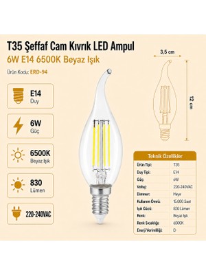 Heka T35 Şeffaf Cam Kıvrık LED Ampul 6W E14 6500K Beyaz Işık Erd-94