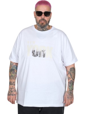 Mode Xl Büyük Beden T-Shırt Bıs Yaka New York U26119 Beyaz
