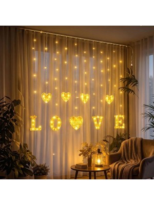 İlkyaz Fashion 3 Metre Perde LED Işık - 8 Modlu Kalp ve Love Figürlü Dekoratif Animasyonlu LED