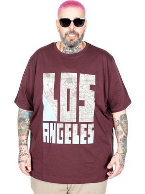 Mode Xl Büyük Beden T-Shırt Bıs Yaka Los Angeles U26117 Mürdüm