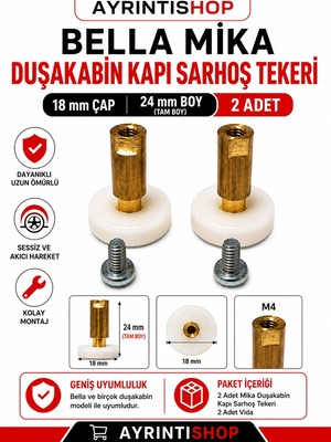 AYRINTISHOP  Bella Mika Duşakabin Kapı Sarhoş Tekeri 18 mm Çap 24 mm Boy Cam Kabin Rulman Tekeri Yedek Parça (2'li / 4'lü / 8'li Seçenekli)